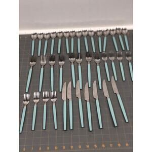 Vintage Turquoise Plastic Handle Flatware Stainless Silverware 38 Pieces